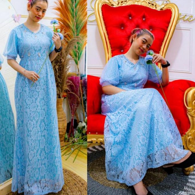 Long Dress Biru Muda Full Brokat Db68238