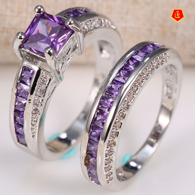 [Ready Stock]Inlaid Natural Amethyst Square Diamond Ring Set Female Fashion Noble