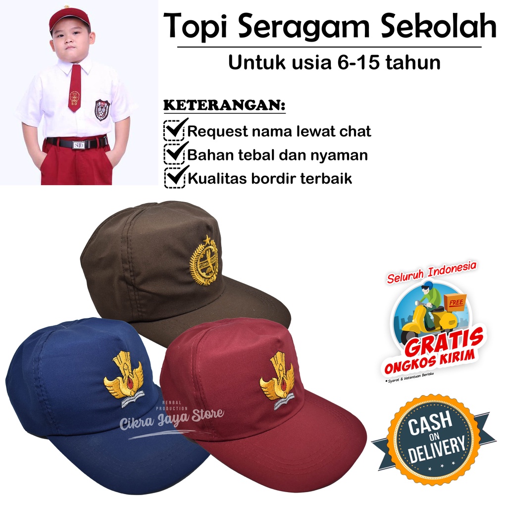 Topi Pramuka SD Custom Nama Bordir | Topi Sekolah SD Seragam Pramuka Anak Laki-Laki Perempuan