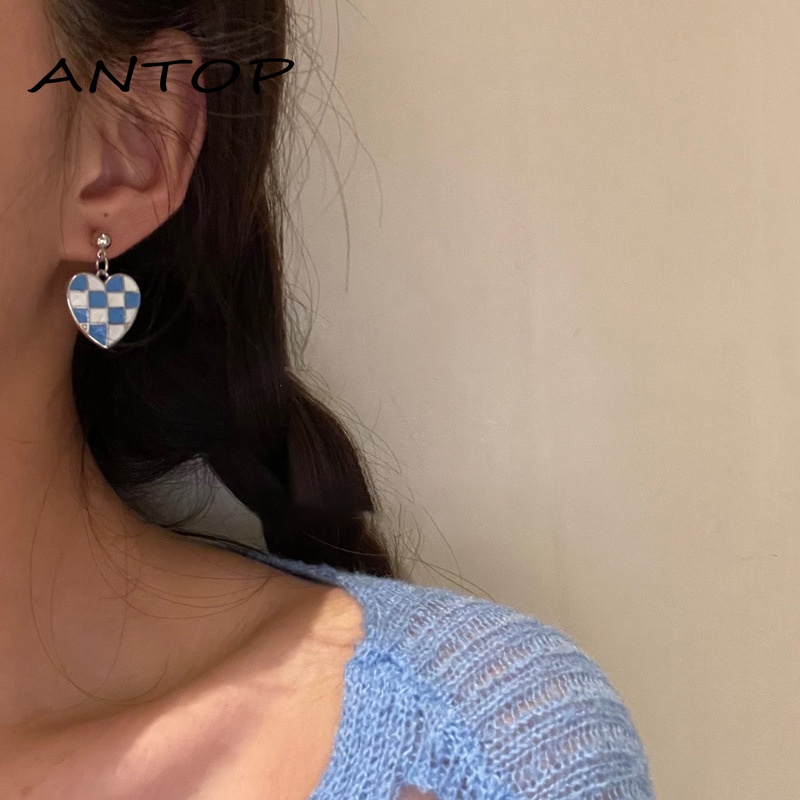 Multicolor Kotak-kotak Cinta Liontin Kalung Anting-Anting In Gaya Desain Niche Rasa Rantai Fashion Aksesoris Untuk Wanita ANTOP