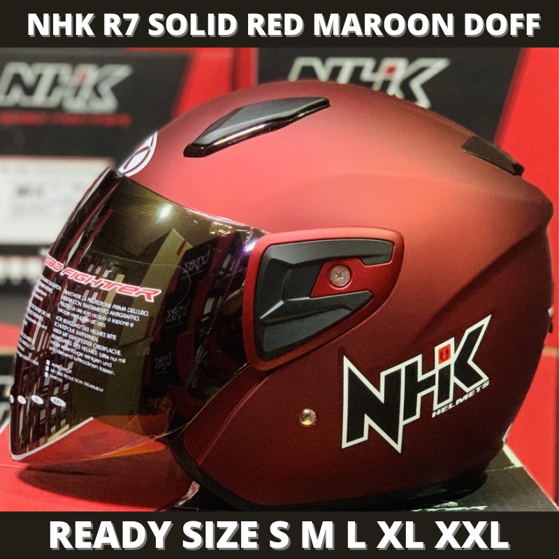 Helm NHK R7 Solid Red Maroon Doff Merah Marun Dop Half Face Single Visor - Helem Motor SNI DOT Touri