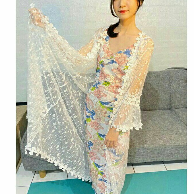 01243 Baju Outer Cardigan pesta lace putih wanita import baju outer bordir panjang cewek import