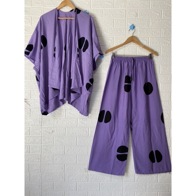 SETELAN OUTER KELIM &amp; CELANA POLKADOT  Bhn Rayon tebal tidak terawang muat bb 50-80kg