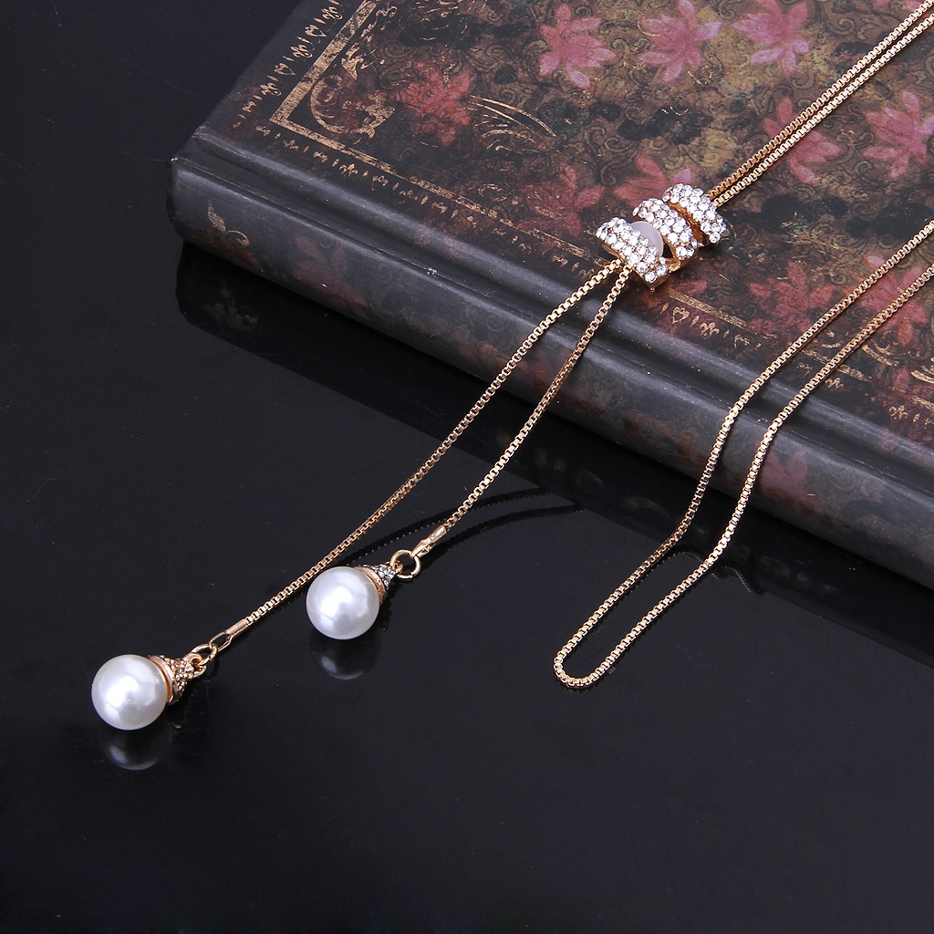 Women Sweater Crystal Flowers Pearl Pendant Necklace Long Chain Jewelry Gifts