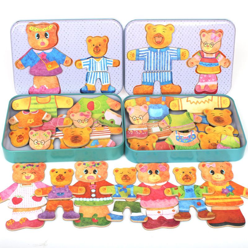 wooden bear family dress-up magnet puzzle