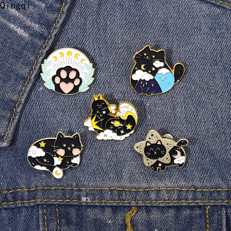 Bros Pin Enamel Bentuk Kartun Kucing Bulan Bintang Untuk Hadiah Anak