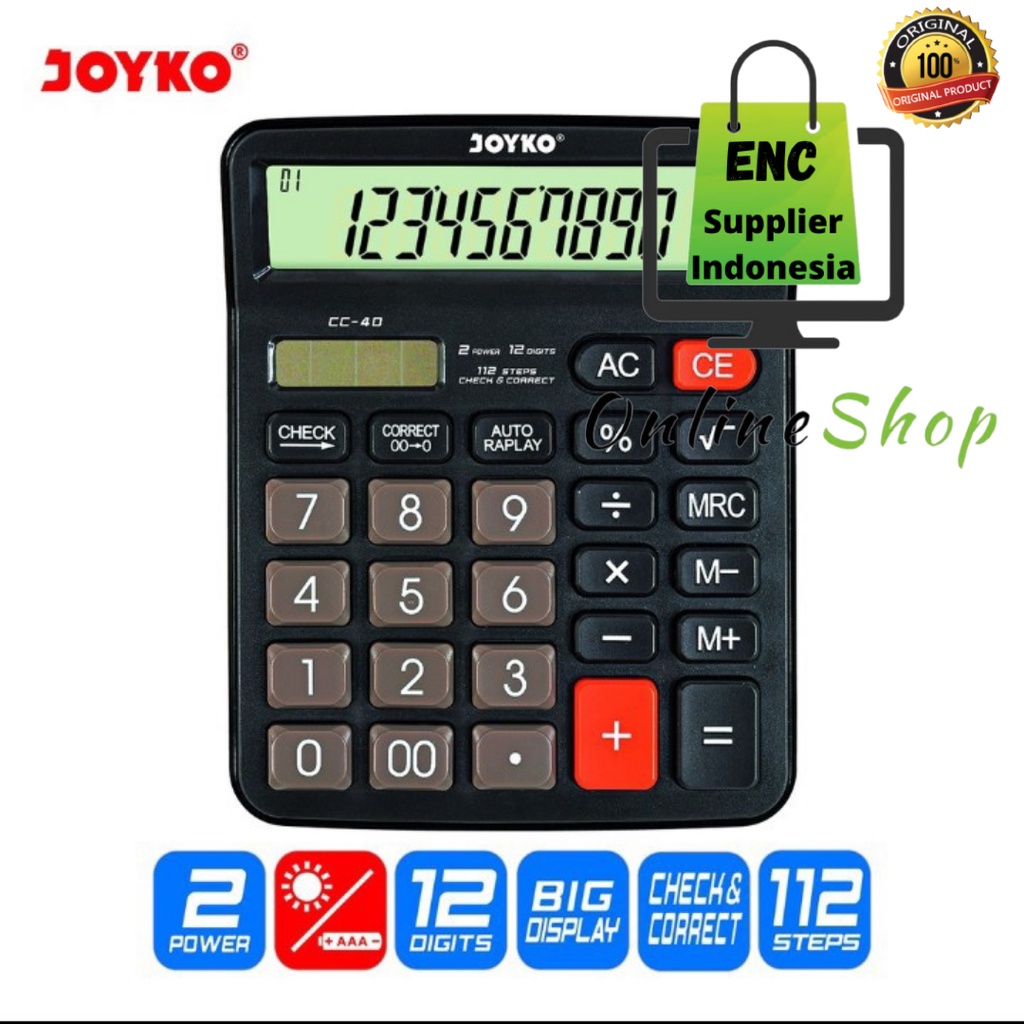 

joyko 1 buah Kalkulator cc 40 calculator sedang 12 digit cc40 cc-40 baterai AAA per pcs - enc.sup