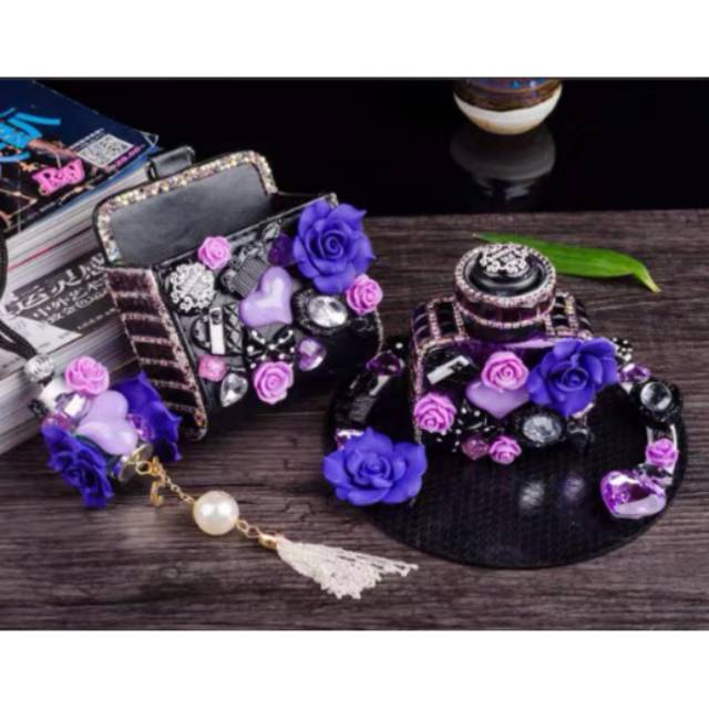 SET Barang mobil accmobil 4in 1 anna sui set Barang mobil anna sui ungu bunga ungu tempat tissue kotak hp tempat hp hp holder dompet kUnci mobil