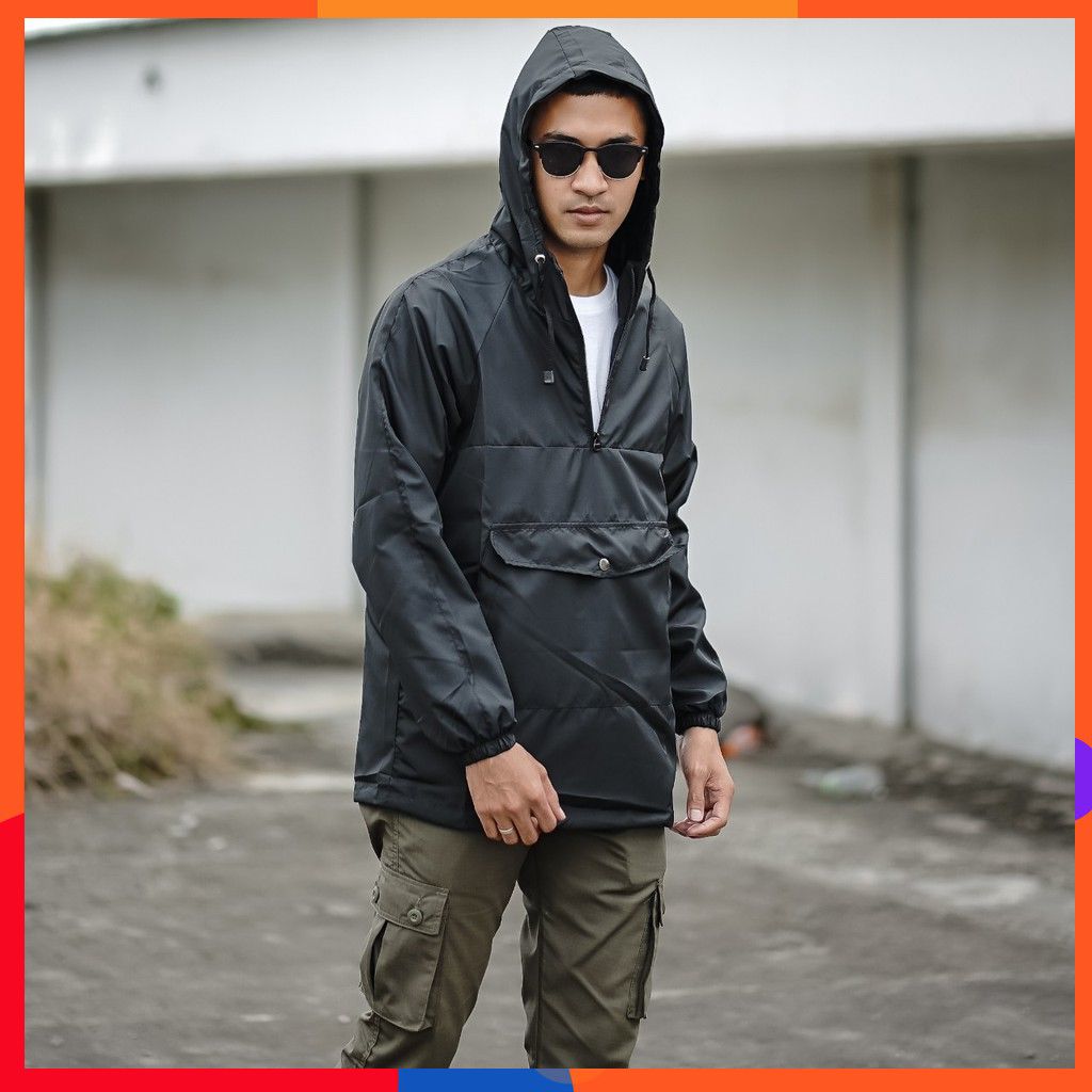 JAKET PRIA - JAKET CAGOULE POLOS BGSR - JAKET CAGOULE SIMPLE BLACK BGSR - JAKET KANTONG DORAEMON