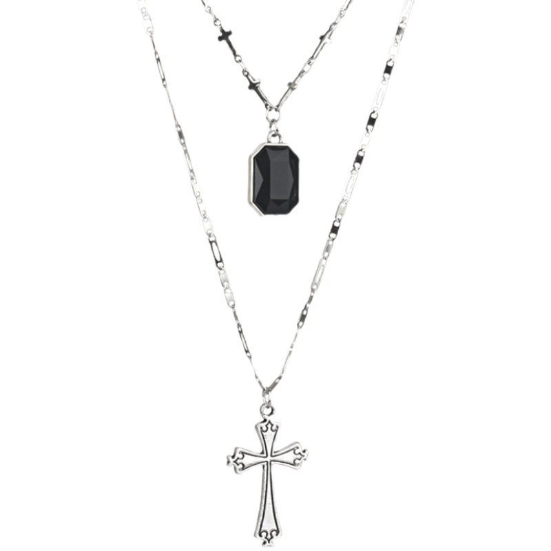 Black Diamond Cross Multilayer Necklace Accessories Stitching Clavicle Chain Personality Street Hip Hop