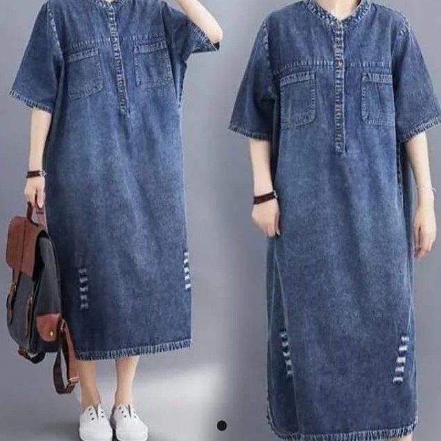 Long Tunik Jumbo LD 120 Cm Jeans Wash Murah Kekinian Atasan Wanita Terbaru 2021 Jessy Long Tunik