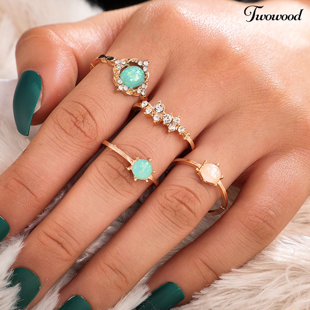 Twowood 4Pcs/Set Faux Gem Geometric Knuckle Rings Alloy Candy Color Stackable Finger Rings Jewelry Accessory