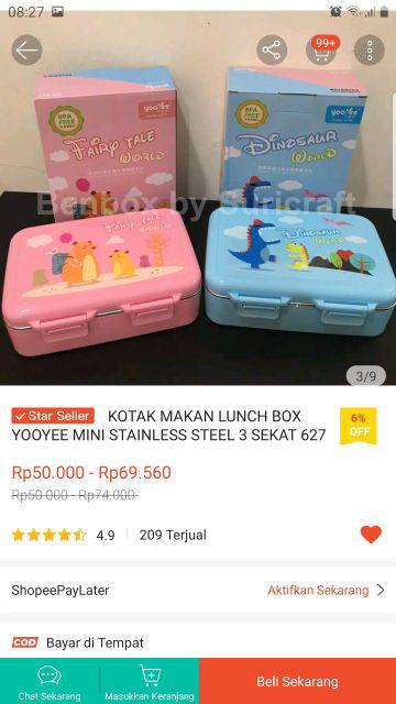 Kotak Makan Lunch Box Yooyee Mini Stainless Steel 3 Sekat 627