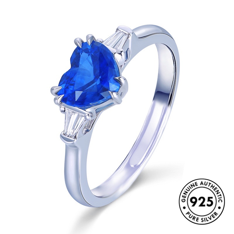 Cincin Sapphire Bentuk Hati Bahan S925 Silver Gaya Klasik Elegan