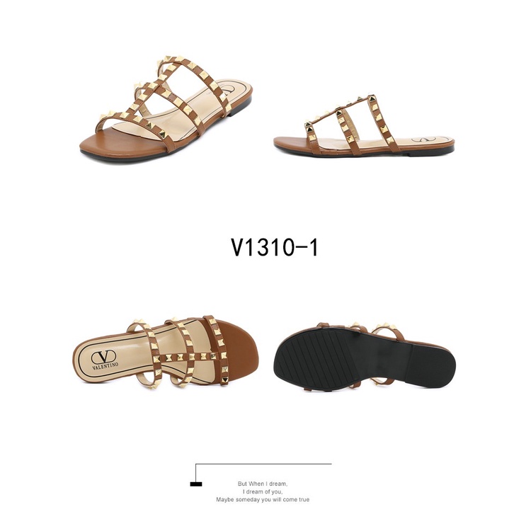 Leather Rockstud Flat Slides Sandals V1310-1