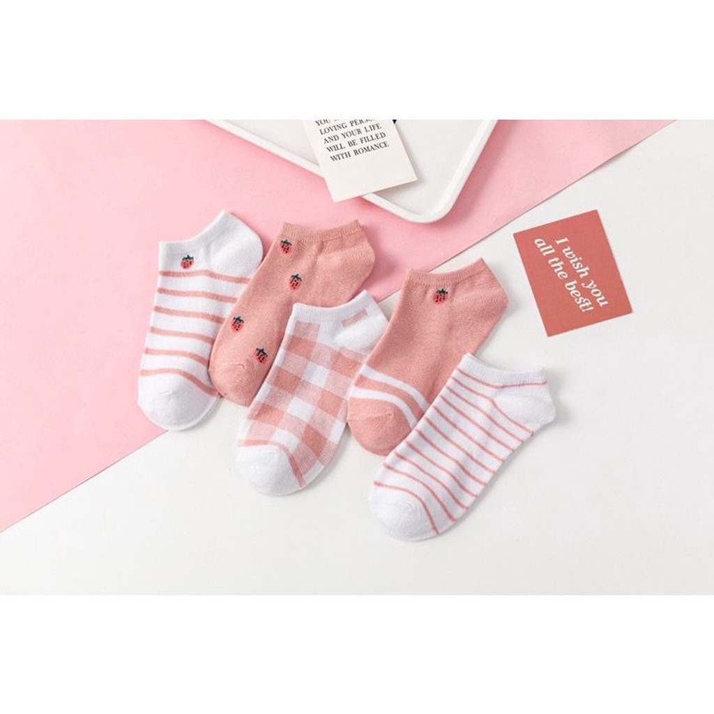 ☀ INDOLAND ☀ Kaos Kaki Wanita Motif Kotak Pink Strawberry Fashion Korea Women Sock Import R601