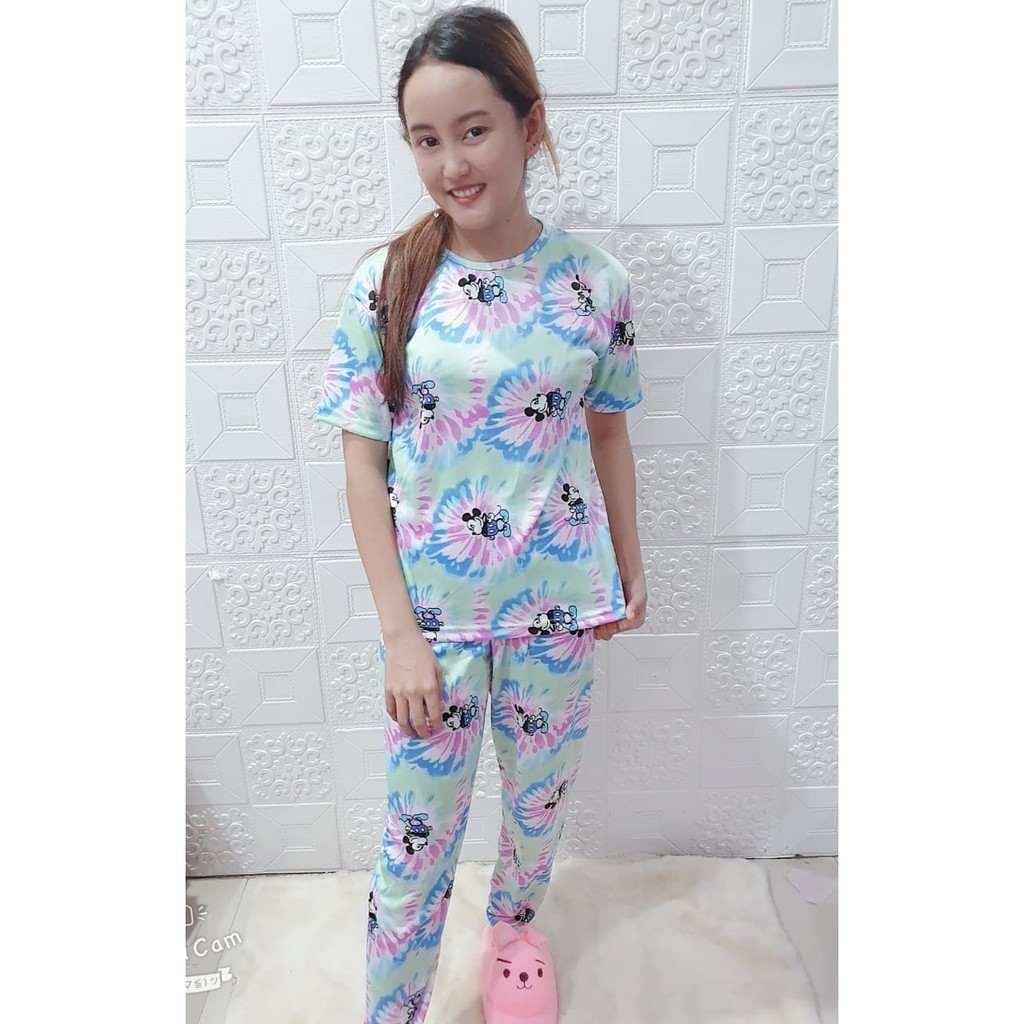 Rillo - Set Setelan CP  Wanita Tie Dye / Cotton Candy /bt21 bordir Fit XL-Mickey Ungu CP