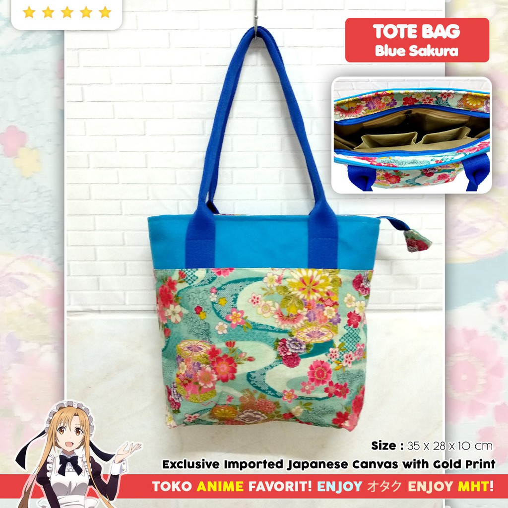 Tas Tote Bag Jepang Canvas Kanvas Impor Biru Blue Sakura