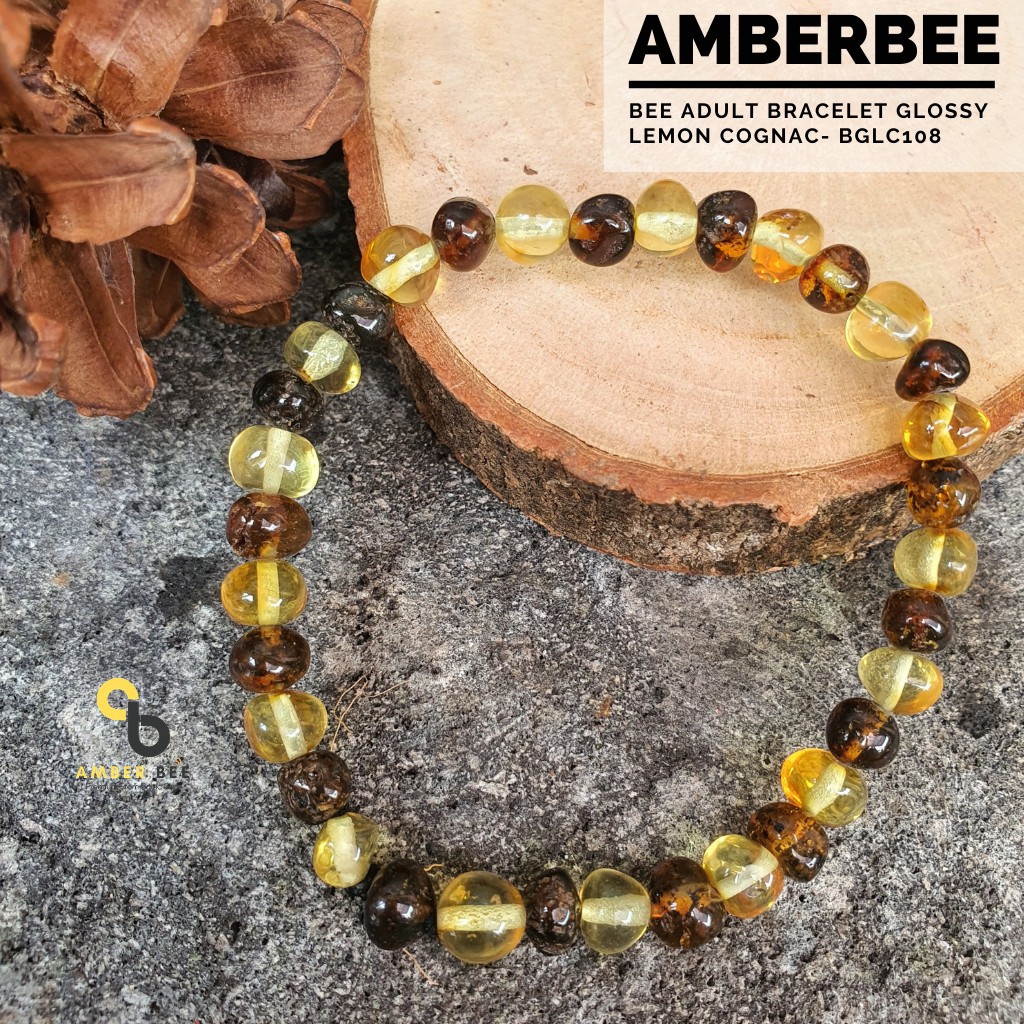 Gelang Amber Baltic Dewasa Premium Glossy Lemon Cognac Stretchy BGLC108 By Amber Bee