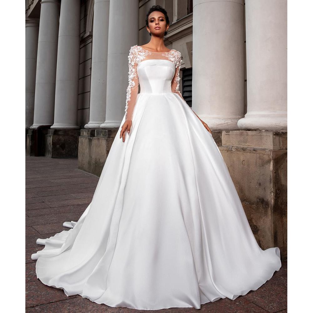 Gaun pengantin lengan panjang muslimah putih wedding gown