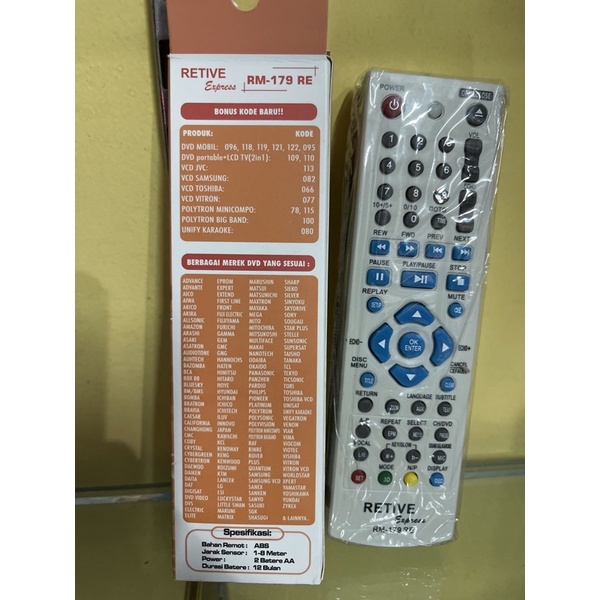 remote RETIVE Rm-179 RE  remot DVD player universal berbagai merek di indonesia