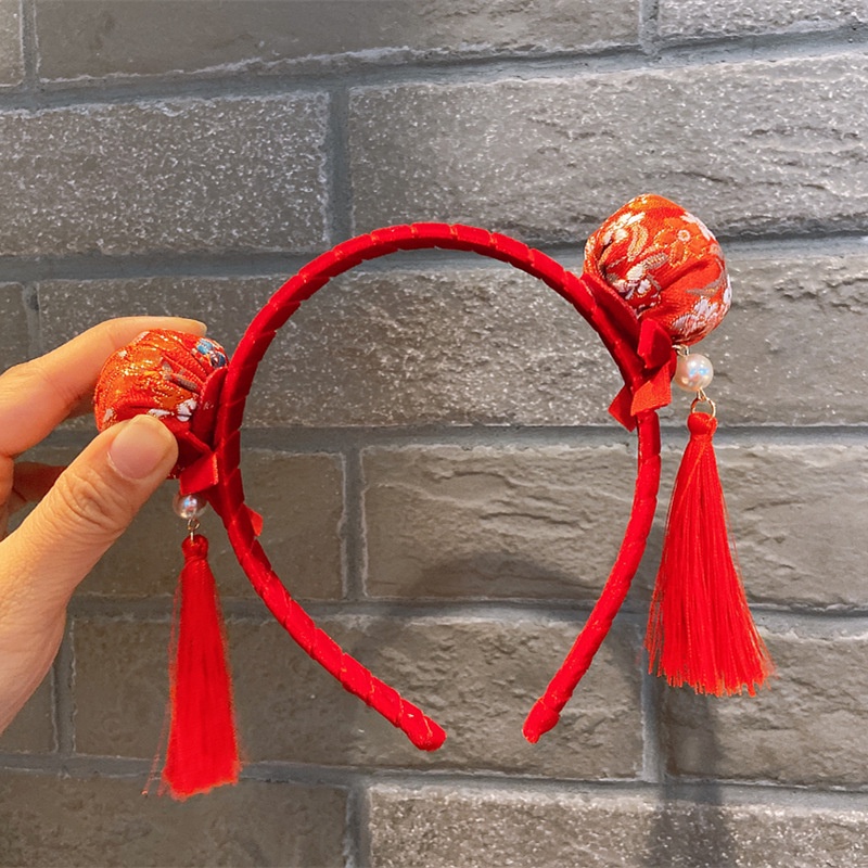 BANDO POM POM MERAH AKSESORIS IMLEK FASHION ANAK CEWEK IMPORT CHONGSAM JEPITAN RAMBUT