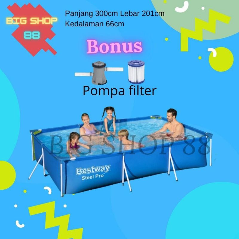 Bestway Kolam Renang Frame Pool Square rectangular pool 3 meter BONUS Pompa Filter
