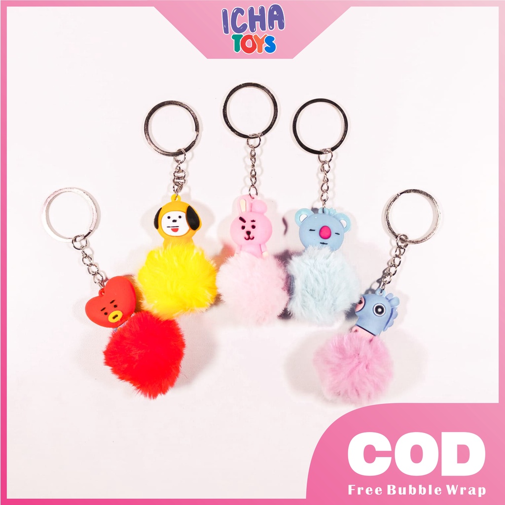Gantungan Kunci Bulu Pompom BT21 - Gantungan Kunci Bulu Lucu