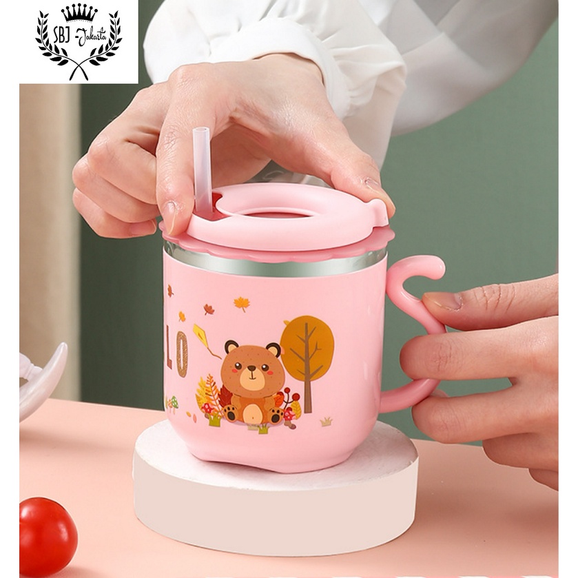 Cangkir Mug Anak Stainless 300ml Dengan Sedotan - 300 ml