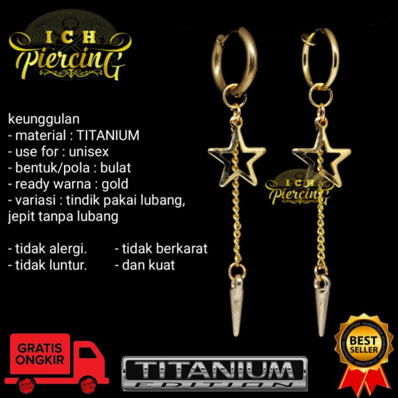 anting Hoop bintang rantai bandul gold / anting tindik dan jepit titanium warna gold / ICH PIERCING