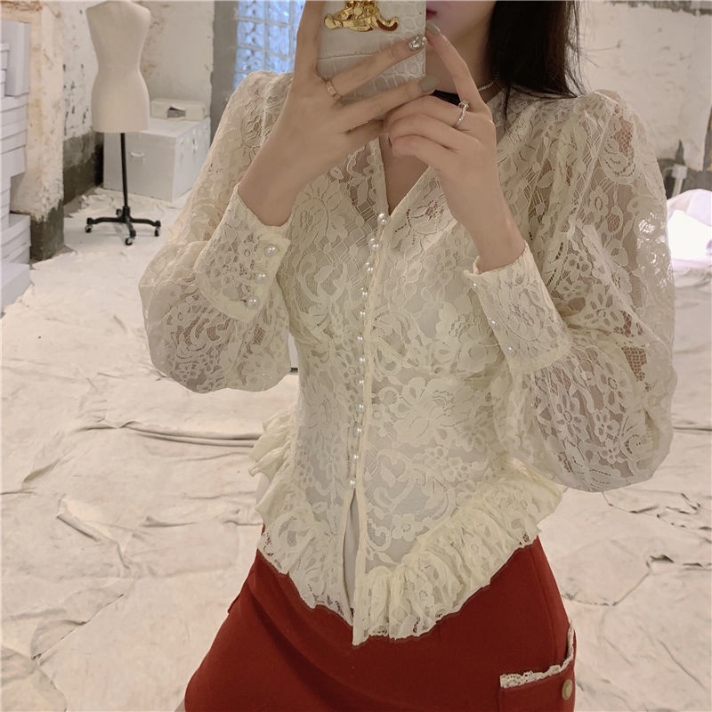 atasan renda import french lace chiffon bottoming shirt model putri dengan atasan lengan panjang pen