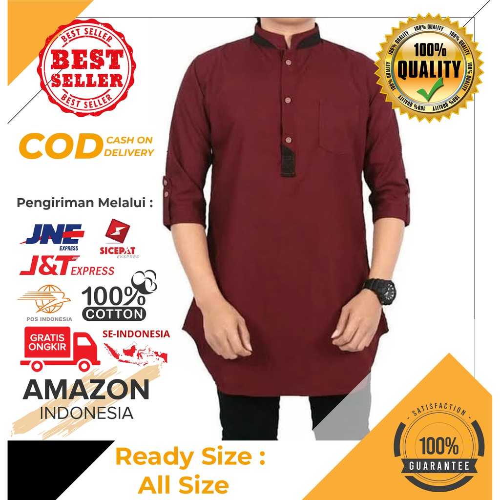 BAJU KOKO MUSLIM PRIA WARNA MAROON LENGAN PANJANG CASUAL BAHAN KATUN PREMIUM BEST QUALITY IMPORT