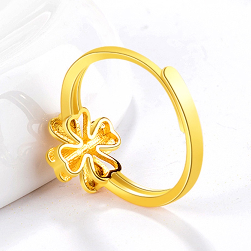 Cincin Model Terbuka Lapis Emas Asli Kadar 375 Bentuk Daun Clover Gaya Korea Untuk Wanita