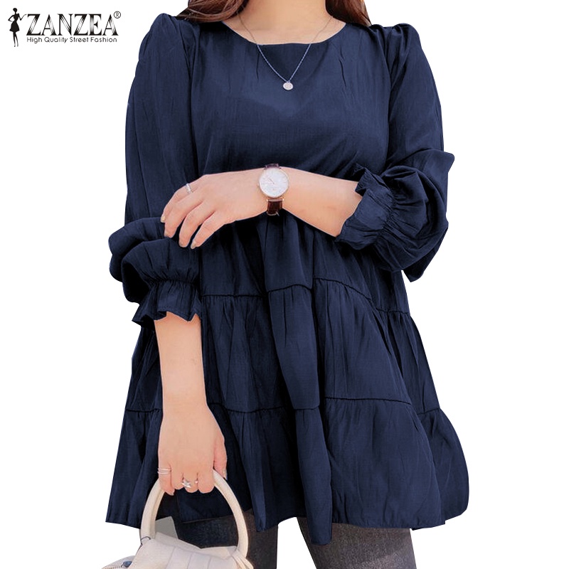 ZANZEA Women O-Neck Loose Spliced Long Sleeve Pleated Frill Solid Blouse