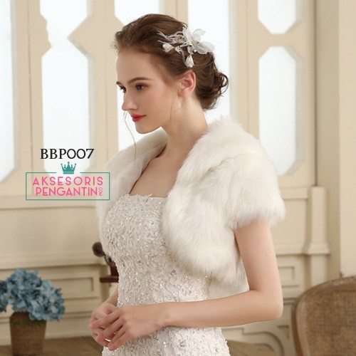 [PRODUK FAVORIT] AKSESORIS WEDDING CARDIGAN PESTA FUR BOLERO PENGANTIN BULU PUTIH BBP007