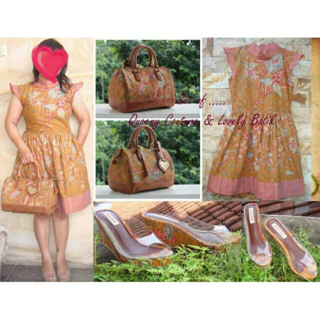 1 set batik eksklusif 3in1 (dress + heels + speedy bag)