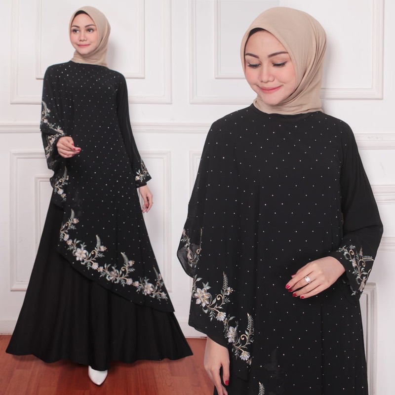 GAMIS//ABAYA TURKEY HITAM BORDIR MEWAH BUNGA SWAROVSKI