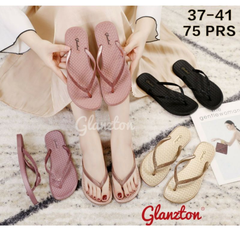 L1939-5A Glanzton Flat Motif Tikar Sandal Jepit Wanita Karet Gliter Kotak-Kotak Tali Blink Glitter C