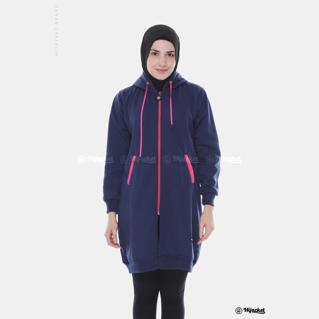 Hijacket Basic jaket hijab wanita Muslim Syari panjang polos tebal (COD bayar di rumah)-HJ20 Navy x Pink