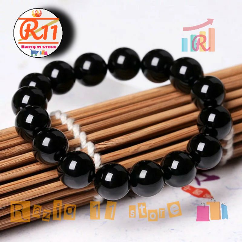 Gelang Batu Asli Natural Warna Hitam 12mm Dan 14mm