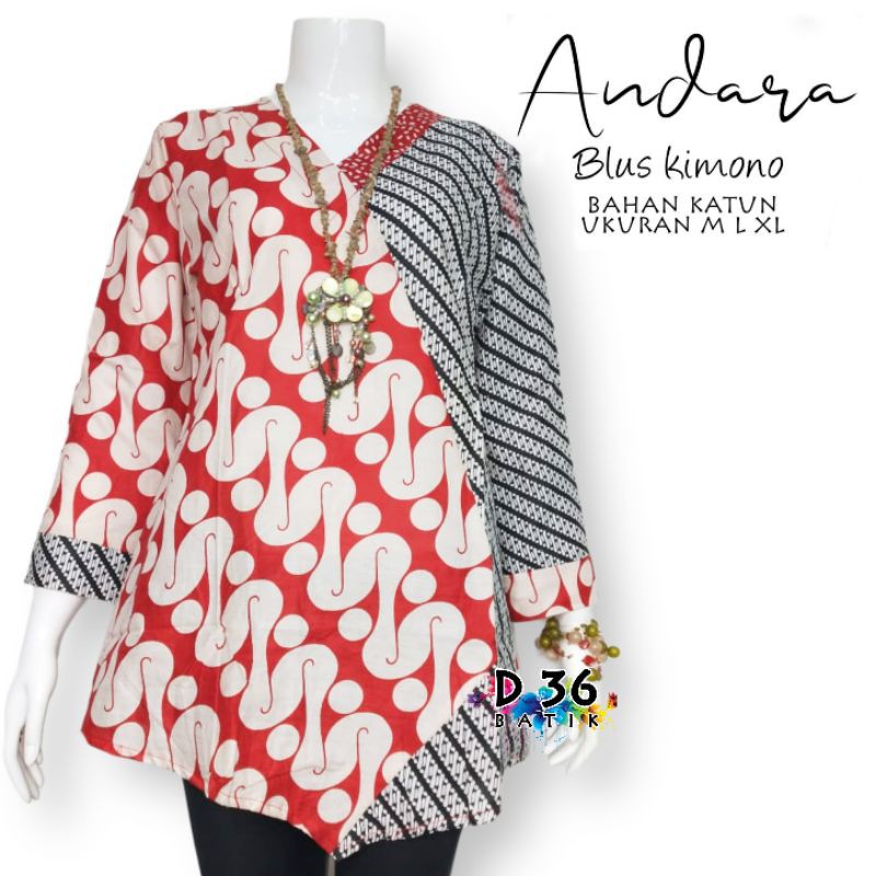 Blouse Blus katun halus andara Atasan Baju kimono aeragam seragaman wanita remaja abg putri cewek cewe motif batik kombinasi seragam seragaman kerja kantor kantoran kuliah sekolah trendy modis mode fashion muslim modern kekinian terbaru-Red barong