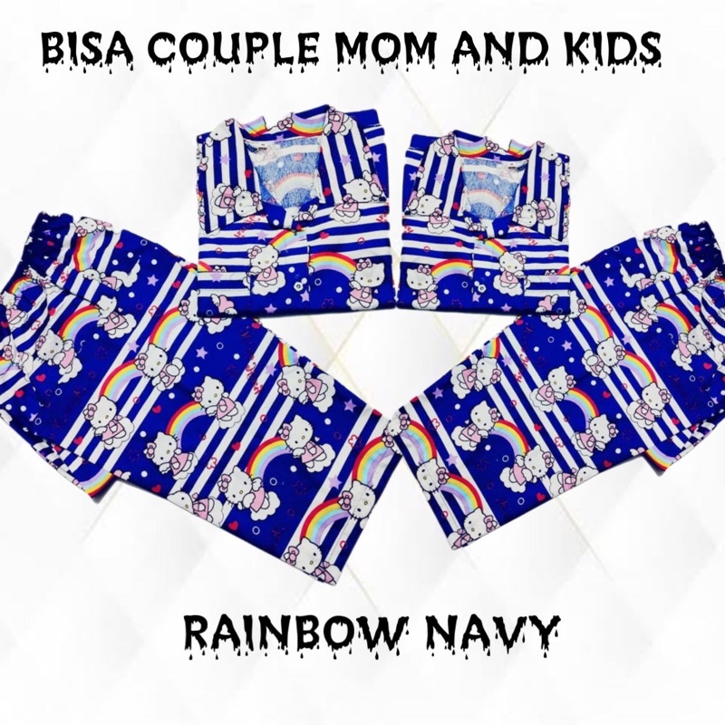 Rainbow navy - bajutidur piyama bisa couple mom and kids katun hk pelangi celana panjang lengan pendek