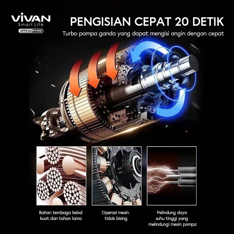 VIVAN VTI02 Pompa Ban Mobil Portable Inflator Tire Elektrik LCD Display Air Compressor Mini Serbaguna Garansi Resmi 1 Tahun