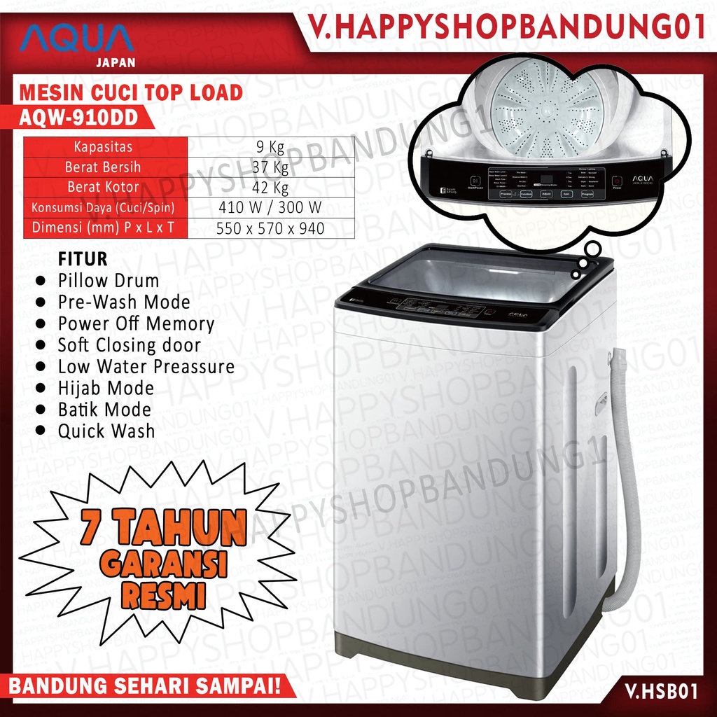 MESIN CUCI 1 TABUNG AQUA 9 KG TOP LOAD AQW-910DD(G) AQW 910 DD PILLOW DRUM GARANSI RESMI