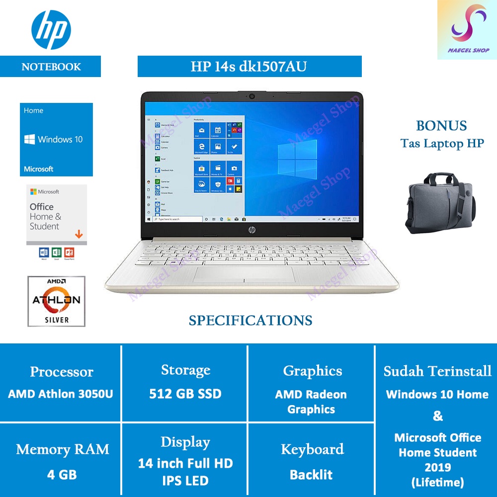 HP Laptop 14s-dk1507AU/dk1510AU 14 inch FHD - AMD Athlon 3050U - 4GB RAM - 512GB SSD - Windows10+OHS