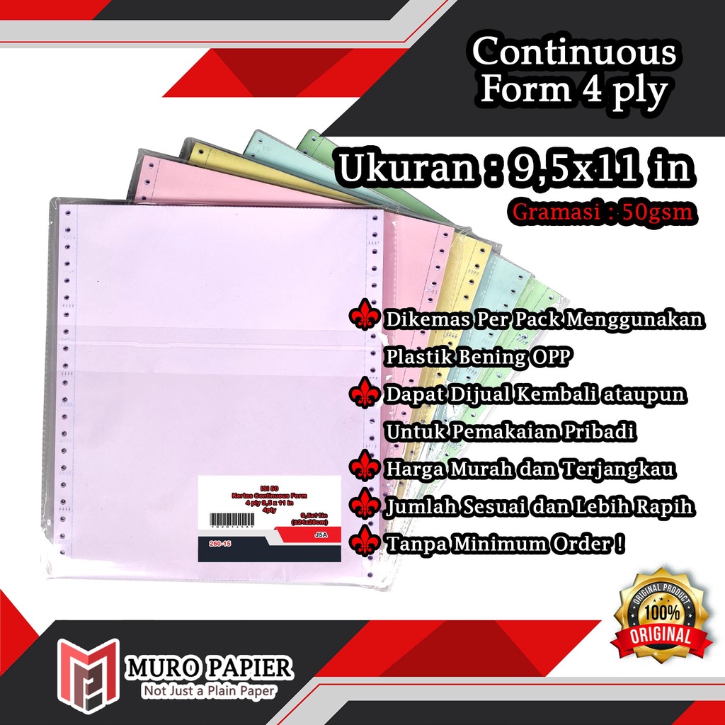 

( PER PAK - ISI 50 ) Kertas Continuous Form 50 gsm 4 ply dan 4 ply PRS 9,5 x 11 in - by Muro Papier