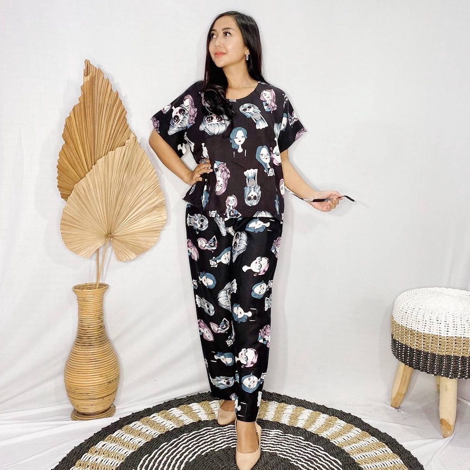Daster Babydoll Panjang Bali-SET PAN RETRO HITAM