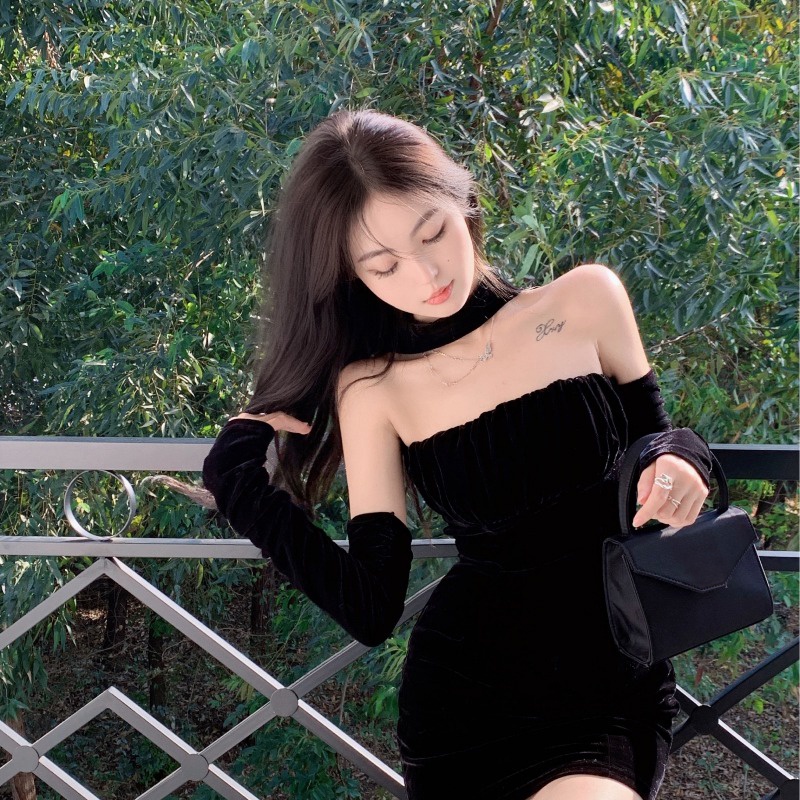 midi dress korea sexy one-shoulder halterneck dress short skirt with sleeves black velvet tube top b