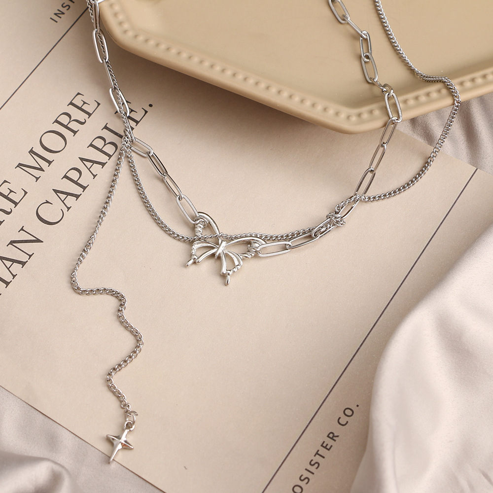 Multilayer  Butterfly  pendants necklace Tassel chain ins niche design clavicle chain personality sweet cool hip-hop jump di clavicle chain necklace