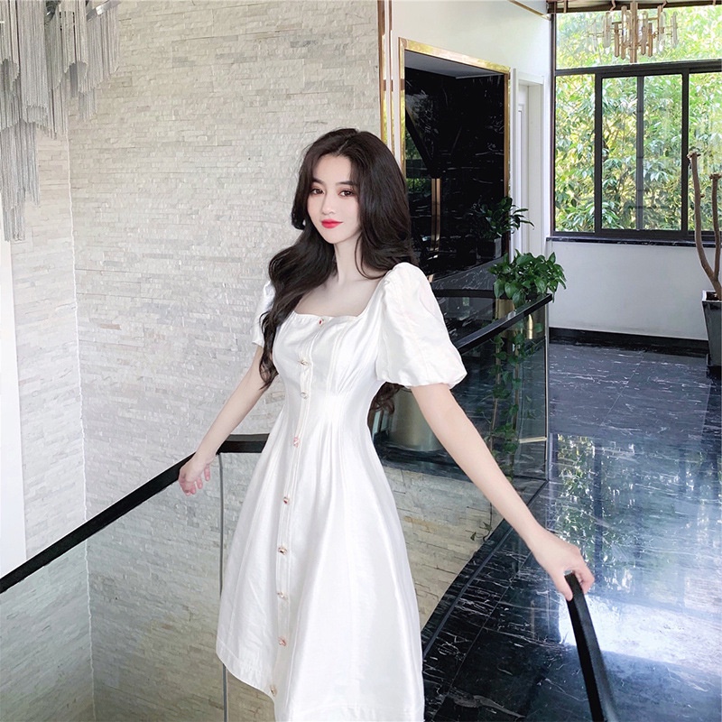 #Sisjuly# Dress Lengan Puff Niche Prancis Putih Wanita